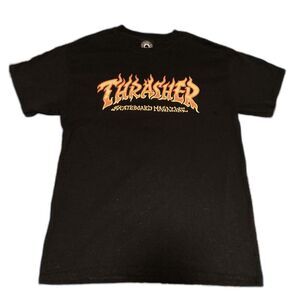 Y2K Thrasher Flame Logo T-Shirt Black Size L Fits M Spade Tag Retro